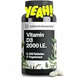 natural elements Vitamin D3 2000 I.E. – 365 Tabletten – für Knochen und Immunsystem – hochdosiert, ohne unnötige Zusätze – in Deutschland produziert & laborgeprüft