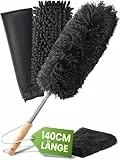 BAMBUA Staubwedel Teleskop [5 TEILIGES Premium Set] mit edlem Bambusgriff - Erstklassiges Staubwischer Set für erstklassige Reinigung von Haushalt und Auto - Staubfänger Ausziehbar bis 140 cm