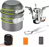 Camping Kochgeschirr Mess Kit - ISFORU Camping Kochset mit Mini Campingkocher Gaskocher Outdoor Kochgeschirr Aluminium Camping Topfe und Faltbare Besteck Reinigungstücher für 1 Person