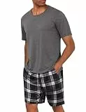 Uniexcosm Schlafanzug Herren Baumwolle Kurz Zweiteiliger Pyjama Set Nachtwäsche Kurzarm Oberteil und Karierte Schlafanzughose Hausanzug Sleepwear A:Dunkelgrau-1 L