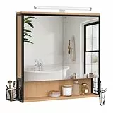EUGAD Spiegelschrank Bad mit Beleuchtung, Badezimmerschrank mit Spiegel, Badschrank hängend, mit Verstellbarer Ablage Halter Korb, aus Metall MDF, Schwarz + Helle Eiche, 70Bx70Hx14,5T cm