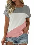 Fisoew Damen T-Shirt Rundhals Farbblock Kurzarm Shirt Casual Oberteil Sommer Locker Baumwolle Tee Tops (Hellrosa, M)