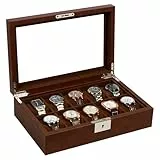 KILHS Uhrenbox mit 10 Fächern und Großem Glasdeckel - Abnehmbares Uhrenkissen, Abschließbarer Organizer, Weiches Samtfutter - Geschenk, Braun