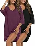 Bresdk 2er Schlafkleid Damen Nachthemden Kurzarm V Ausschnitt Lockerer Schnitt Oversize Nachtwäsche Schwarz Lila XL