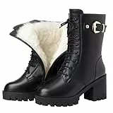 Winterstiefel Damen GefüTtert Schwarz SchnüRstiefel | Chunky Heel Rutschfest Schneestiefel Hohe Stiefel | Winter Warme GefüTtert Outdoorschuhe Biker Stiefel | Bequem Schlupfstiefel Damenstiefel