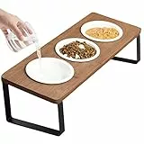 GUUSII HOME Katzennapf Erhöht Futternapf Katze Futterstation, Keramik Napf, Fressnapf 3er Set Holz, Cat Bowl Ø12cm Ergonomischer Katzennäpfe 3 Teilig Katzenfressnapf (Braun)