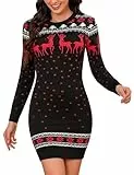 Irevial Strickkleid Damen Rundhals Pullikleid Weihnachtskleid Langer Pulloverkleid Frauen Kleider Pullover Rippstrick Wickelkleid Schneeflocken Muster Bequem Für Winter Freizeit Party L Schwarz