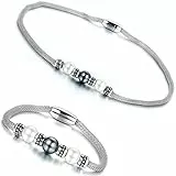 Aroncent Damen Halskette und Armband Schmuck 1 Set, Mesh Kette mit Vintage runde Bead Kugel Kunstperlen Edelstahl Anhänger, Charme Armreif, Dunkelblau Silber
