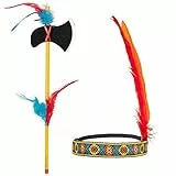 Boland 44093 - Indianer Set, Stirnband und Axt, Länge 35 cm, Tomahawk, mehrfarbig, dehnbar, mit Federn verziert, Häuptling, Wilder Westen, Kostüm, Karneval, Mottoparty