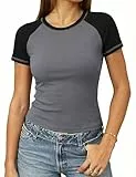 Litherday T-Shirt Damen Rundhals Farbabstimmung Raglan Kurzarm Oberteile Casual Sommer Tshirt Elegant Basic Gerippt Tee Shirts Slim Fit Stretch Tops Streetwear (Dunkelgrau Schwarz, S)