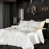 Gezu Bettwäsche Set Satin 155x220cm 3teilig Weiß Silky Touch Glänzend Seide Einfarbig Bettbezug Set Glatt Luxus Weiß Bettwäsche Set weicher Doppelbettmit Reissverschluss und Kissenbezüge 80x80cm