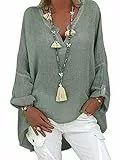 Tincini Leinenbluse Damen Bluse Sommer Tunika V-Ausschnitt Longbluse Große Größen Leinenhemd Blusenshirt Langarmshirt Leinen Baumwolle Hemd Oberteile Shirt (A Grün1, XXL)