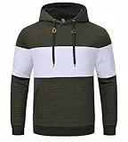 Huayuzh Hoodie Herren Oversize Kapuzenpullover für Herren Langarm Freizeit Jacquard Farbblock Sweatshirt mit Zip Taschen Military Green Weiß M