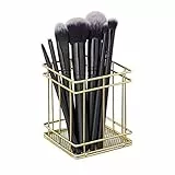 Relaxdays Stiftehalter eckig, modern, Pinselhalter Kosmetik, Draht, Stiftebecher Schreibtisch, HBT: 10 x 9 x 9 cm, Gold