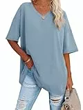 Ebifin Damen Oversize T Shirt mit V-Ausschnitt Kurzärmeliges Casual Lockere Basic Sommer Tee Shirts Bluse.Hellblau.XXL