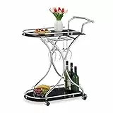 Relaxdays Servierwagen, 2 Etagen, Flaschen- & Gläserhalter, Glas & Chrom, HBT: 88x76x49 cm, Küchenwagen, schwarz/Silber
