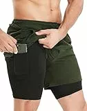 HOPLYNN Herren 2 in 1 Shorts Sommer Schnelltrocknende Laufshorts mit Taschen Sport Kurze Hosen Fitness Laufhose Green 2XL