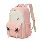 KONO Schulrucksack Teenager Mädchen, Wasserabweisender Rucksack Schule mit 15,6 Zoll Laptopfach, Großem Flaschenfach, Leichter Schultasche mit Mehreren Fächern (Rosa/Beige)