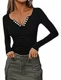 Totatuit Damen Langarmshirt V Ausschnitt Elegant Oberteile Gerippt Stretch T-Shirt Langarm Slim Fit Pullover Baumwolle Sexy Casual Basic Tops Schwarz M