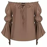 SCARLET DARKNESS Damen Viktorianische Trachtenbluse Lace Up Trompetenärmel Mittelalterliche Bluse Braun M