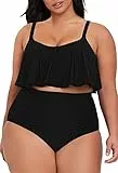 Pink Queen Damen Übergröße Tankini Set 2-Teiliges Bauchkontrolle Badeanzüge Strand Rüschen Plus Size Bikini Schwarz 2XL