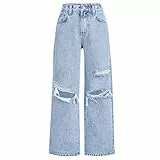 Mädchen Jeans mit Löchern Baggy Weites Bein Jeanshosen Loch Jeans Kinder High Waist Denim Hose Gummizug Gerade Hose mit Löchern Kinderkleidung Mädchen Personalisiert (Light Blue, 11-12 Years)