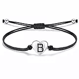 J.Endéar Mädchen Damen Buchstabe B Armband, Silber 925 Herzen Initialen Handmade Cord Schmuck, Personalisierte Geburtstag Kommunion Geschenk für Frauen, Schwarz