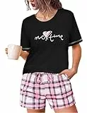 Leversic Schlafanzug Damen Kurz Baumwolle, Sommer Zweiteiler Pyjama Damen Set Karierte Shorts und Oberteil mit Herzaufdruck, 1211-Schwarz, M