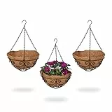 Relaxdays Blumenampel 3er Set, Metallkorb & Kokoseinlage, H x D: 48 x 31 cm, Hängepflanzen, innen & außen, braun/schwarz