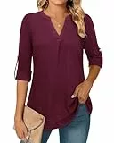Amrto Damen Bluse Casual Elegant V-Ausschnitt 3/4 Ärmel Longbluse Longshirt Einfarbig Lässig Loose Tunika Oberteil A Linie für Business Arbeit, Weinrot L