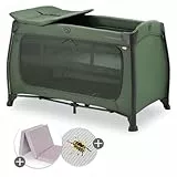 hauck Baby Reisebett Play N Relax Center Set mit Komfort Matratze und Insektenschutz - Babyreisebett mit Neugeborenen Einsatz, Wickelauflage und Tasche (höhenverstellbar & faltbar) - Dark Green