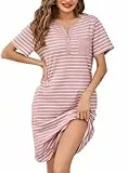 Lovasy Nachthemd Damen Baumwolle Kurzarm V Ausschnitt Gestreift Nachthemd mit Knöpfen Damen Sommer Nachtkleid Schlafshirt mit Taschen,Rosa,M