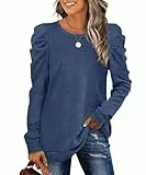 XIEERDUO Damen Pullover Oversize Herbst Sweatshirt Puffärmel Elegant Langarmshirt Winter Oberteile Marineblau XL