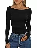 Aottori Langarmshirt Damen U-Boot-Ausschnitt Gerippt Elegant Stretch Oberteile Slim Fit Pullover T-Shirt RIPP Einfarbig Basic Top Schwarz L