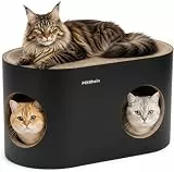 PetRhein Kratzbrett für Katzen aus Kratzpappe,3-in-1 großes Katzenhöhle mit Kratzmatte & Katzenbett – 64 x 35 x 36 cm– Stabiles Kratzpappe, Minimalistisches Kratzmöbel für Katzen(Schwarz)