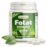 Folat, hochdosiert, 1000µg - 180 Kapseln, vegan. Für gesunde Schwangerschaft, Zellteilung, Blutbildung und Kinderwunsch. OHNE künstliche Zusätze - laborgeprüft. Von Greenfood.