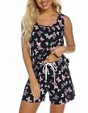 ENJOYNIGHT Damen Schlafanzug Kurz Sommer Pyjama Set Ärmellos Top und Shorts Nachtwäsche Frauen Baumwolle Hausanzug (XX-Large,Schwarzer Schmetterling)