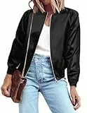 Zeagoo Damen Bomberjacke Leichte Reißverschlussjacke Freizeit Gestreifte Jacke Mantel Oberbekleidung Windbreaker mit Taschen, Pure Black, S