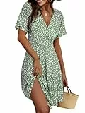 Cicy Bell Damen Sommerkleid Knielang Kurzarm V Ausschnitt Wrap Kleider Blumenmuster Midikleid A-Linie Freizeitkleid Grün XL