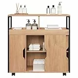 EUGAD Badezimmerschrank, Nischenschrank schmal, Badschrank mit 2 offenen Fächern, Verstellbarer Ablage, Schiebetüren, Nischenregal mit Rollen, 70x70x20 cm, schwarz helle Eiche
