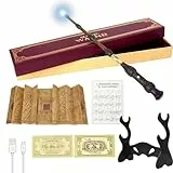 CJBIN Elderstab, Dumbledore Zauberstab mit Licht, USB Aufladung Elderstab, Zauberstab Dumbledore in Geschenkbox mit Karte, Stationsticket, Landkarte, und Halter