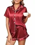 Niwicee Satin Schlafanzug Damen mit Knopfleiste Kurz Nachtwäsche Pyjamas Set Zweiteiliger Nachtwäsche Hausanzug PJs V-Ausschnitt Loungewear (Burgunderrot, M)