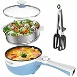 Audecook Elektrische Hot Pot mit Dampfgarer, 1.7 L/20cm Elektrischer Bratpfanne Hotpot Topf Antihaft Mini Elektropfanne, Multikocher für Wohnheim Ramen, Steak (G (blau/1,7 l mit Dampfgarer))