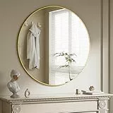 BEAUTYPEAK 90 cm Runder Spiegel, Bruchsicherer Wandspiegel mit Aluminiumrahmen, Badezimmer Spiegel zum Aufhängen und Anlehnen, Rund Wandspiegel für Schlafzimmer, Bad, Wohnzimmer Gold