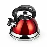 ROSSETTO Wasserkessel Induktion Teekessel Flötenkessel für gasherd, Edelstahl Camping Wasserkocher 3 Liter mit klappbarer Griff, für alle Herdarten geeignet, Teekocher mit Pfeifton, Rot