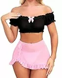 EVELIFE Dessous Damen Sexy Unterwäsche Sets Babydoll Dessous Unterwäsche Spitze Off-Schulter Crop Top Falten Minirock Romantische Frauen Dessous Sets (Schwarz, S)