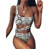 TSWRK Damen Bikini Set One Shoulder Swimsuits Leopard Schlange Print Beachwear High Waist Bademode