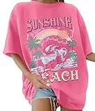 TOMEEK Damen T-Shirt Kurzarm Rundhals Oversized Tshirt Sommer Baumwolle Locker Basic T-Shirt Für Damen Vintage Strand Bedruckte Schulter Top Casual Frauen Shirt(Dunkelrosa,XXL)