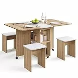 Mondeer Essgruppen, Klappbarer Esstisch mit 4 Stühlen, Esstisch Set mit Rollen und 2 Offenen Ablagen, für Kleine Räume Esszimmer Küche, 120 x 80 x 80 cm, Eiche und Weiß