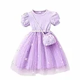 JiAmy Mädchen Kleider Tüllkleider Kinder Puffärmeln Blumenband und Umhängetasche Rundhals Partykleid Prinzessinenkleid Sommerkleid 6-7 Jahre,Lila mit Tasche